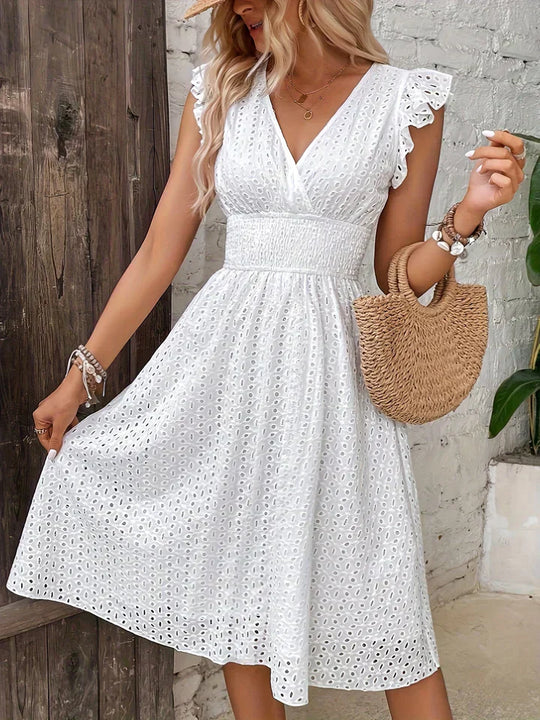 Esther - Broderie Midi Jurk met V-hals
