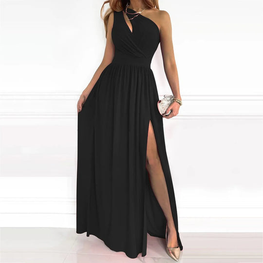 Velavie - One Shoulder Jurk Met Hoge Split En Luxe Look