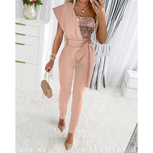 Leona - Stijlvolle Jumpsuit Met Tailleband En Diepe V-Hals