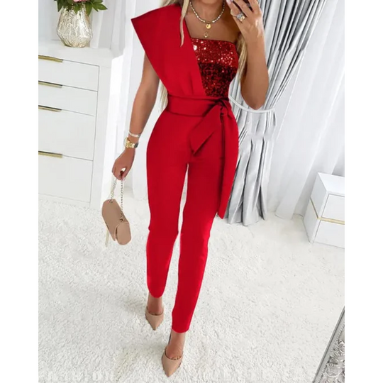 Leona - Stijlvolle Jumpsuit Met Tailleband En Diepe V-Hals