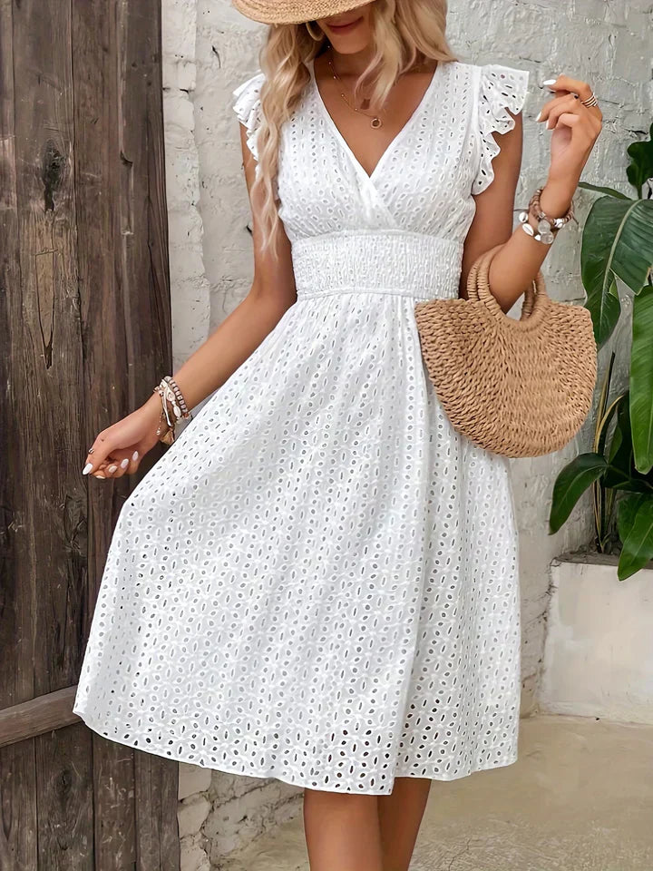 Esther - Broderie Midi Jurk met V-hals