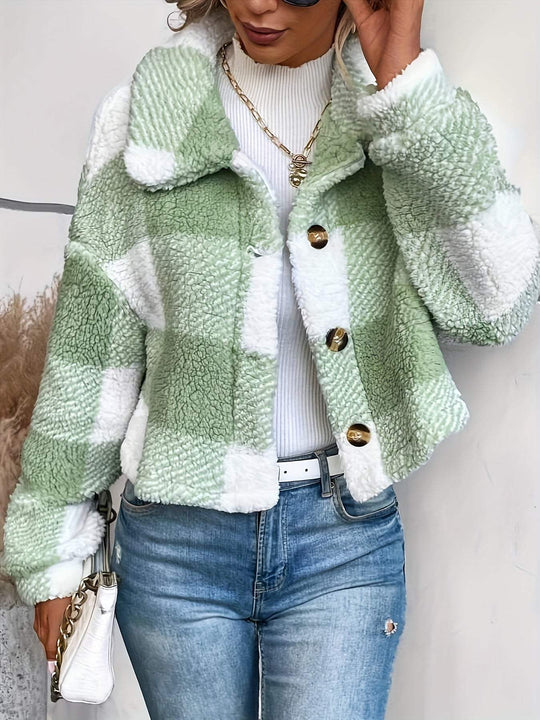 Sarah - Stijlvolle Geruite Teddy Winterjas