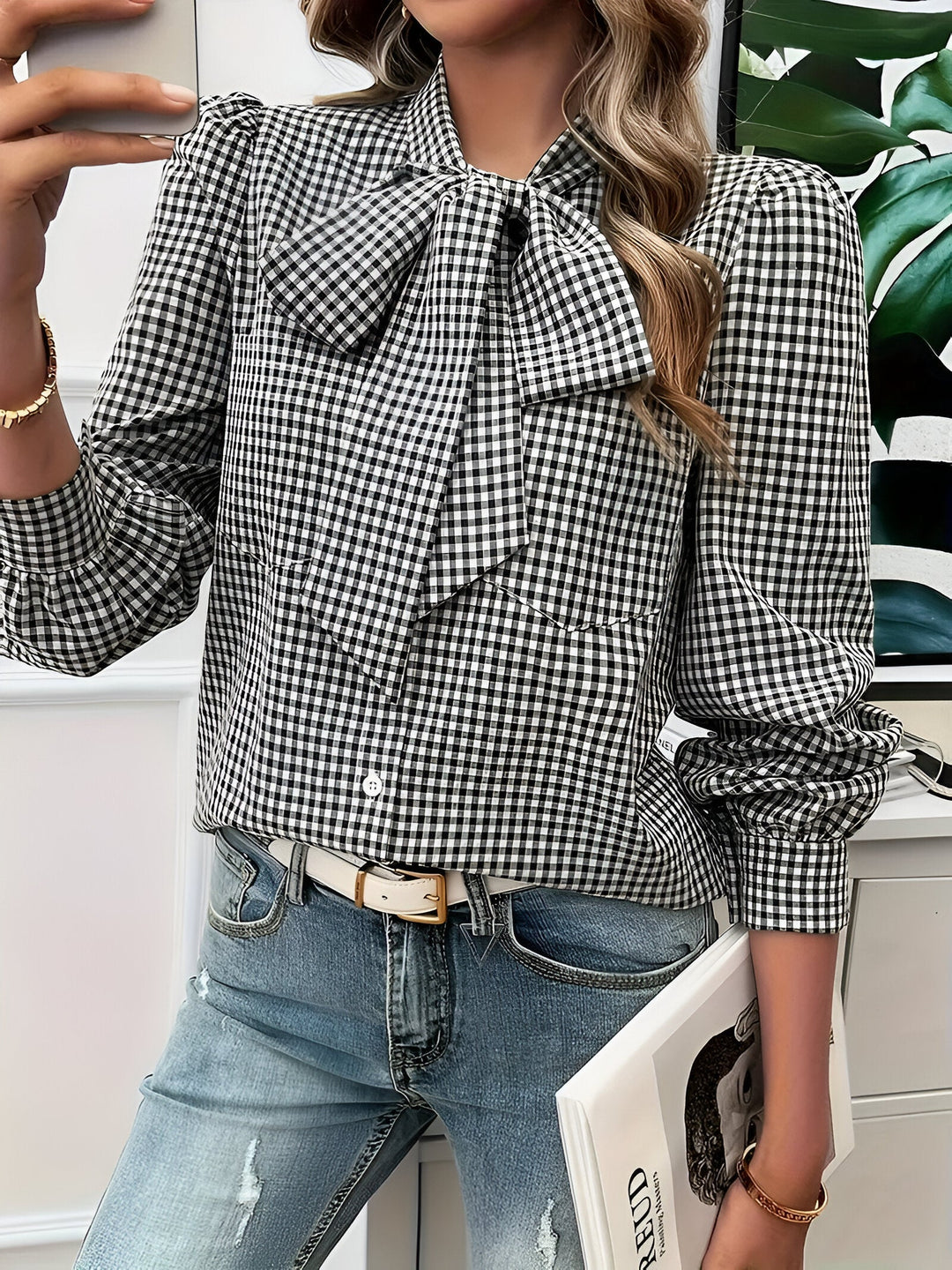 Zara - Geruite Dames Blouse met Strik