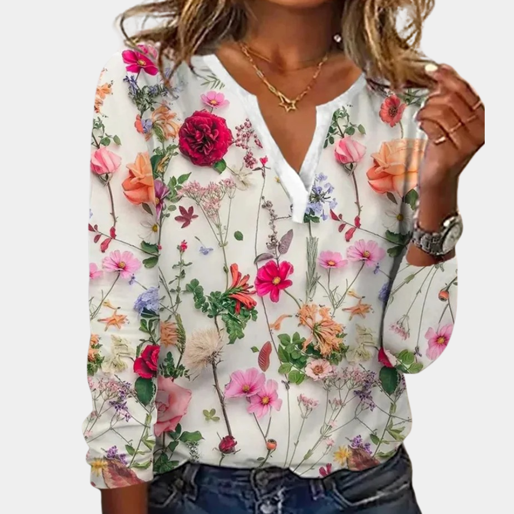 Gebloemde Blouse Dames V-Hals Lange Mouw - Rosa