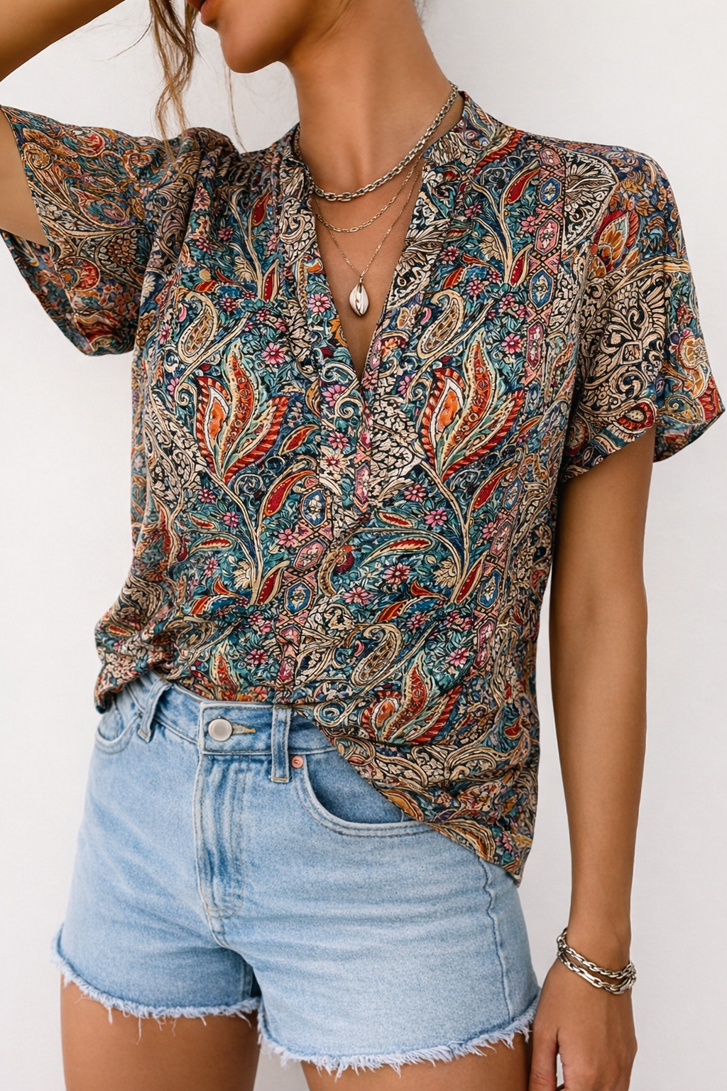 Boho Blouse Dames V-Hals Korte Mouw - Yuna
