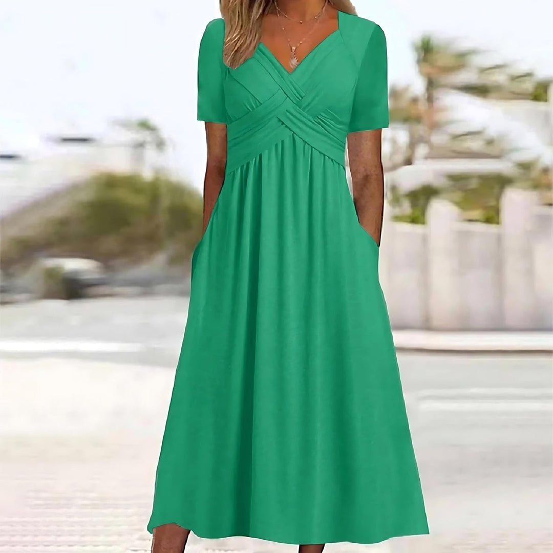 Laura - Effen Midi Jurk met V-hals Dames