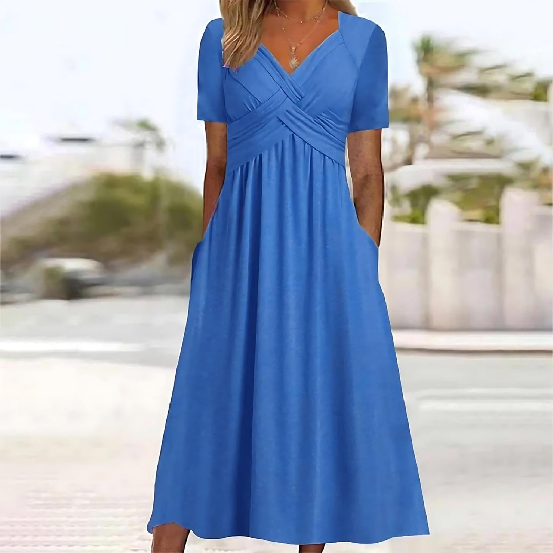 Laura - Effen Midi Jurk met V-hals Dames