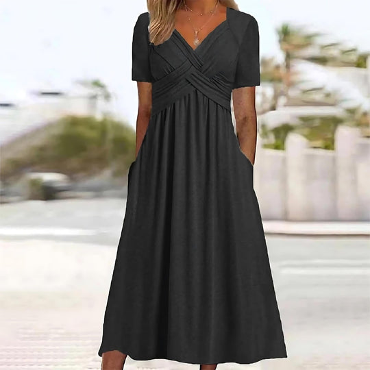 Laura - Effen Midi Jurk met V-hals Dames