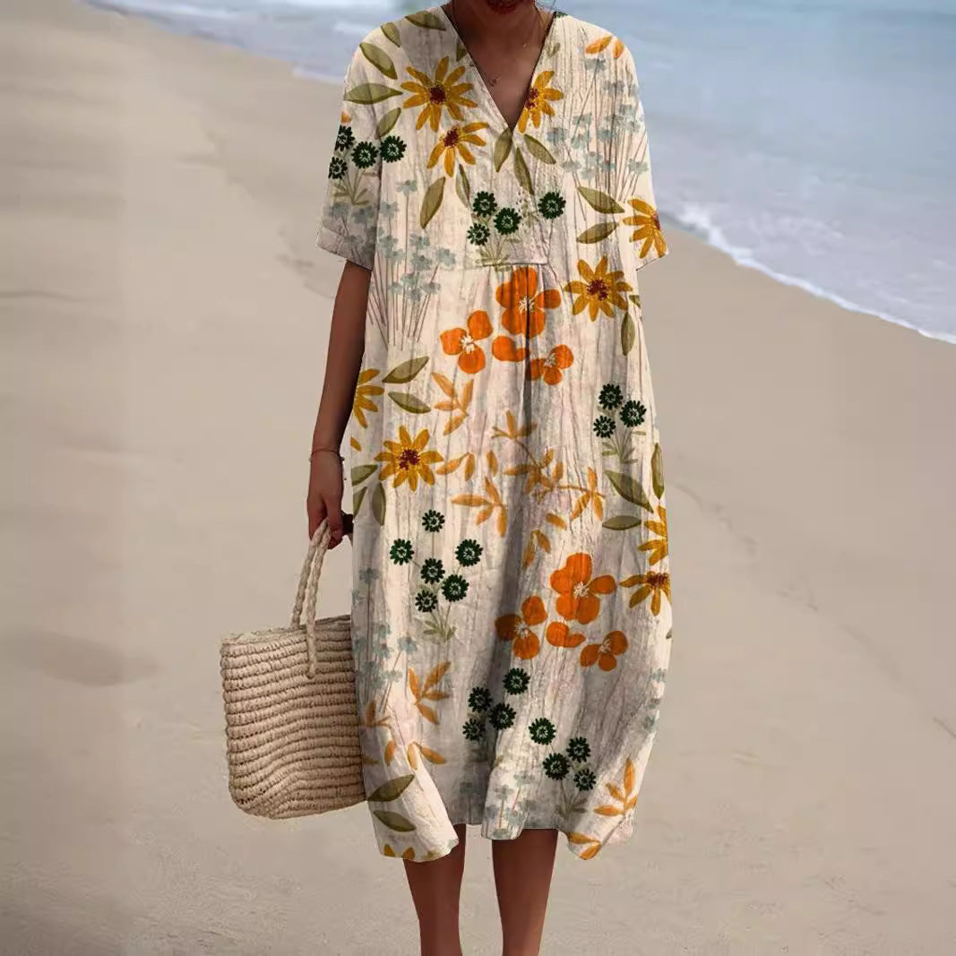 Lily - Stijlvolle Linnen Zomerjurk met Bloemenprint Dames