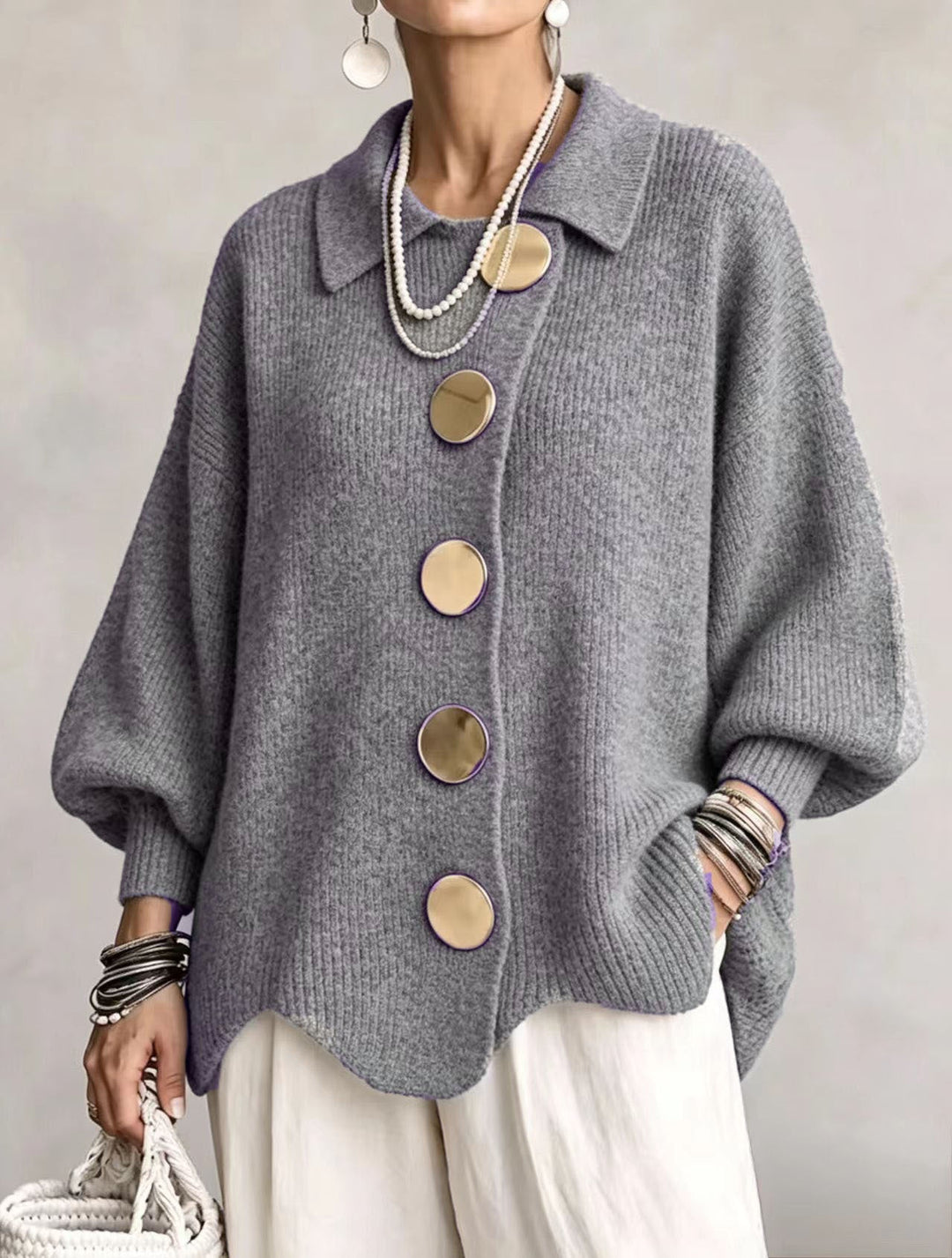 Sharon - Elegant Oversized Gouden Knopen Vest