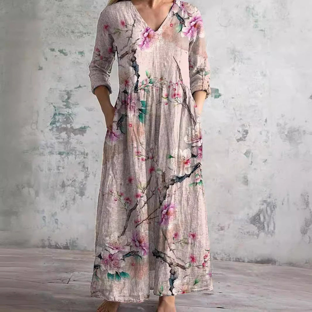 Romy | Linnen Maxi Jurk Dames Met Bloemenprint