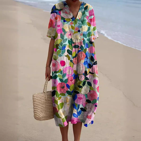 Lily - Stijlvolle Linnen Zomerjurk met Bloemenprint Dames