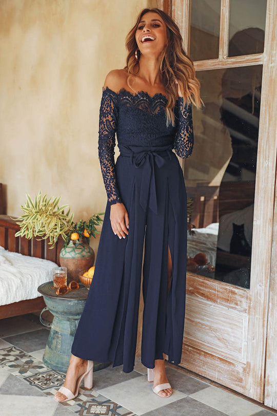 Velavie - Off Shoulder Jumpsuit Met Kant En Hoge Split