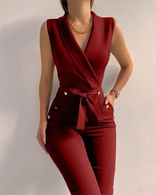 Mouwloze Jumpsuit in Effen Kleur Met V-hals en Vetersluiting