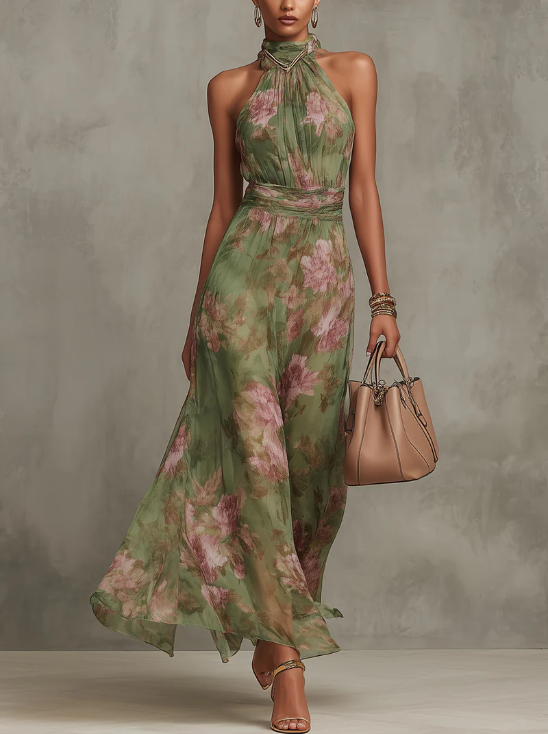 Bloemen Maxi Jurk Dames Met Halternek - Robin