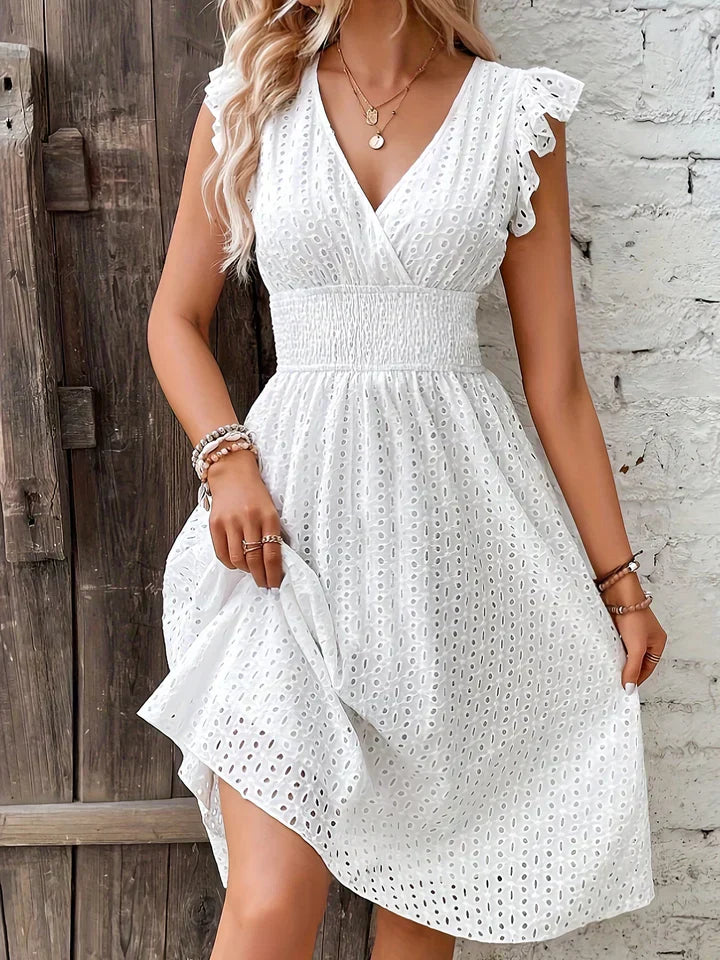 Esther - Broderie Midi Jurk met V-hals