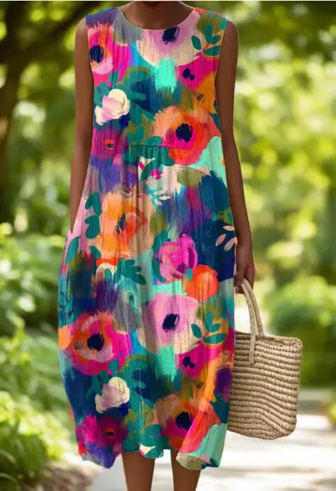 Eva - Mouwloze Linnen Jurk Bloemenprint Dames