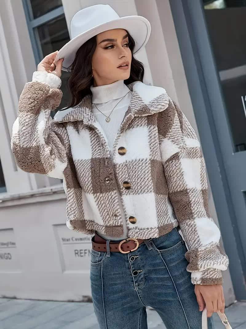 Sarah - Stijlvolle Geruite Teddy Winterjas
